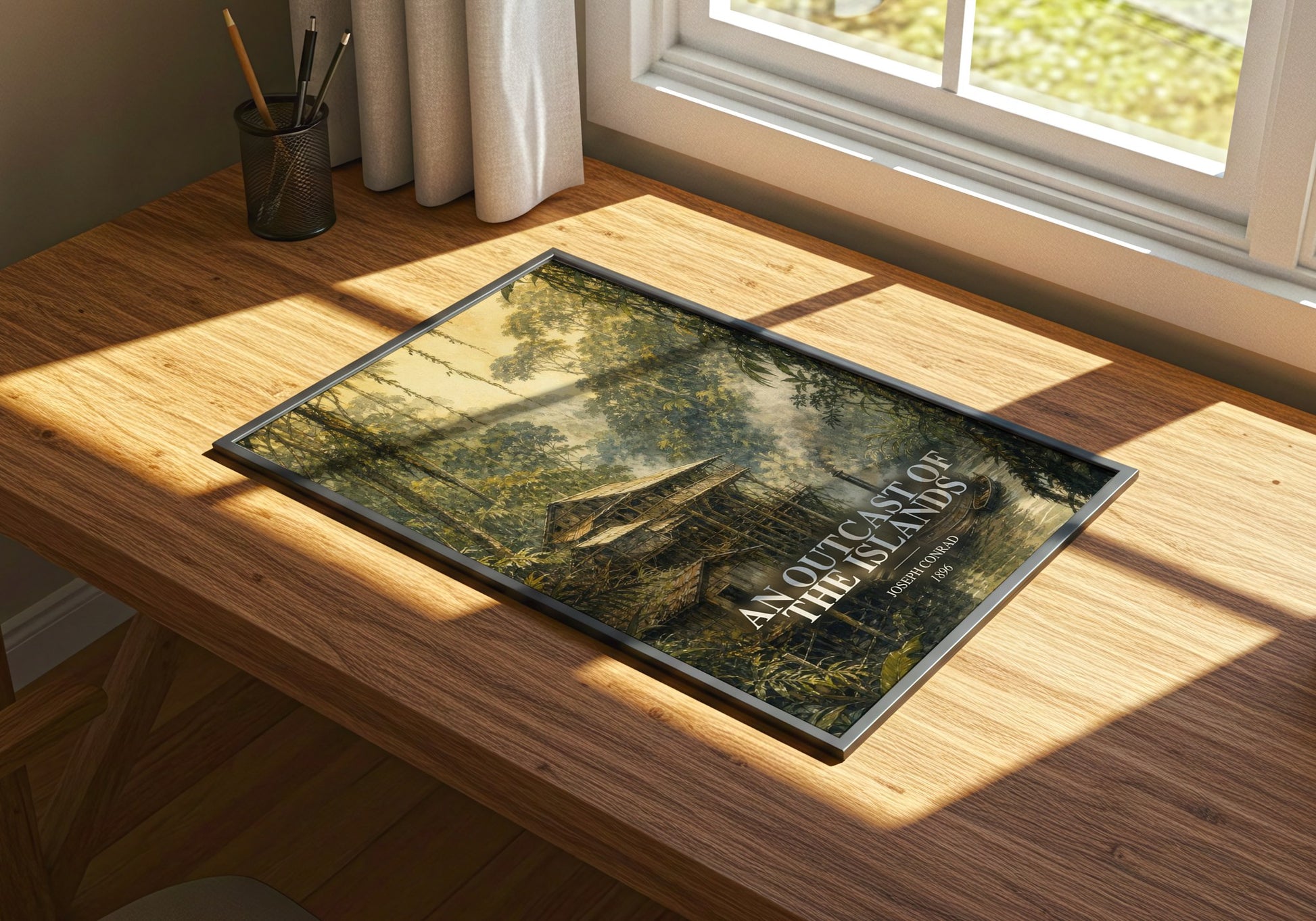 An Outcast Of The Islands watercolour book poster framed on wall – classic literature wall art