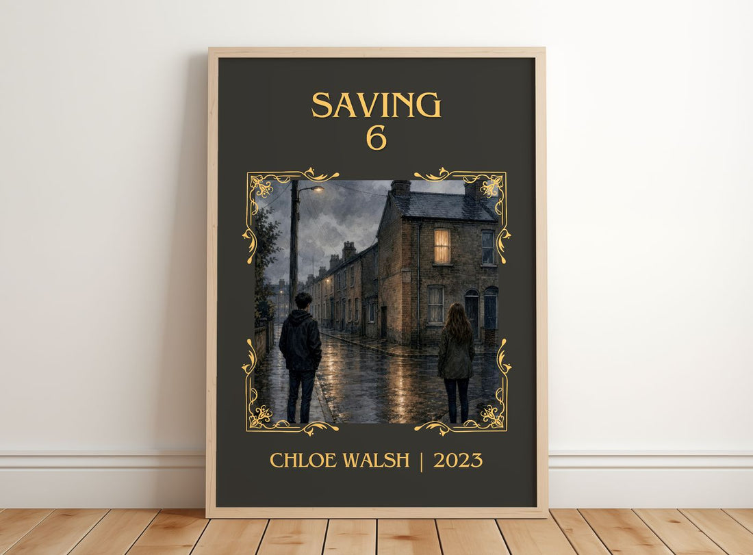 Saving 6 Classic Book Art Print by Chloe Walsh – framed print leaning on a wooden floor
