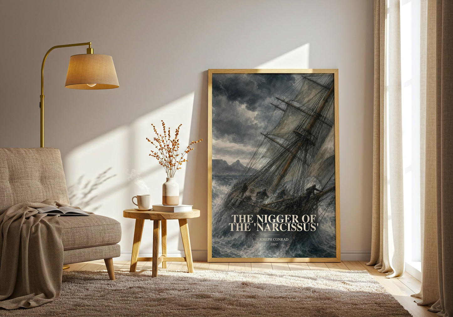 The Nigger Of The 'Narcissus' watercolour print in frame leaning in hallway – literary fiction wall art