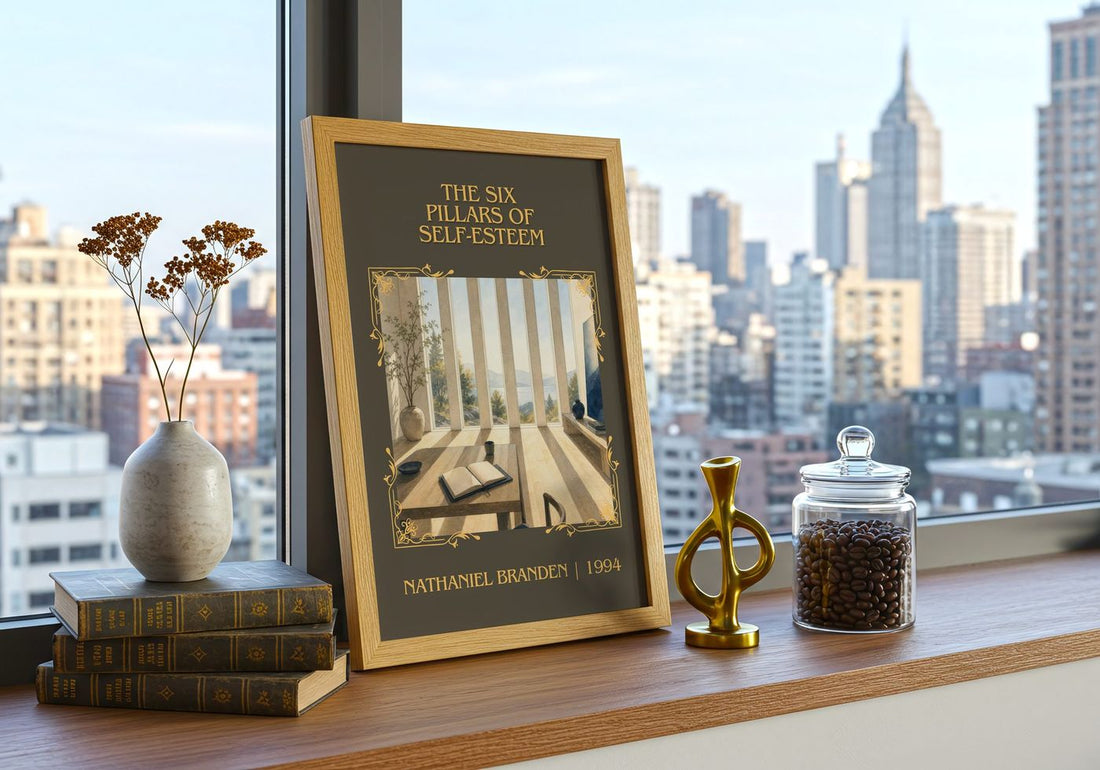 six pillars of self-esteem Classic Book Art Print by Nathaniel Branden – framed print on a city-view windowsill