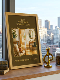 The power of self-esteem Classic Book Art Print by Nathaniel Branden – framed print on a city-view windowsill