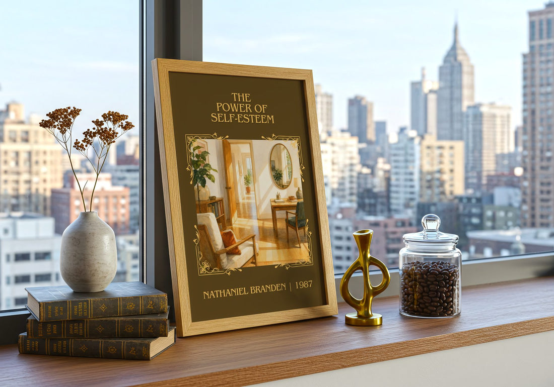 The power of self-esteem Classic Book Art Print by Nathaniel Branden – framed print on a city-view windowsill