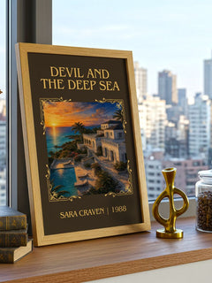 Devil and the Deep Sea Classic Book Art Print by Sara Craven – framed print on a city-view windowsill