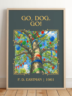 Go, Dog. Go! Classic Book Art Print by P. D. Eastman – framed print leaning on a wooden floor