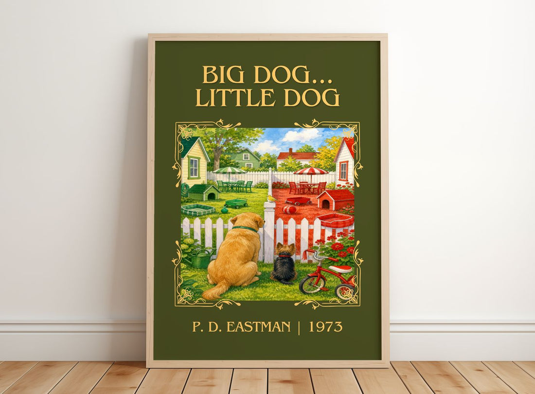 Big Dog... Little Dog Classic Book Art Print by P. D. Eastman – framed print leaning on a wooden floor