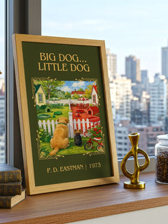 Big Dog... Little Dog Classic Book Art Print by P. D. Eastman – framed print on a city-view windowsill