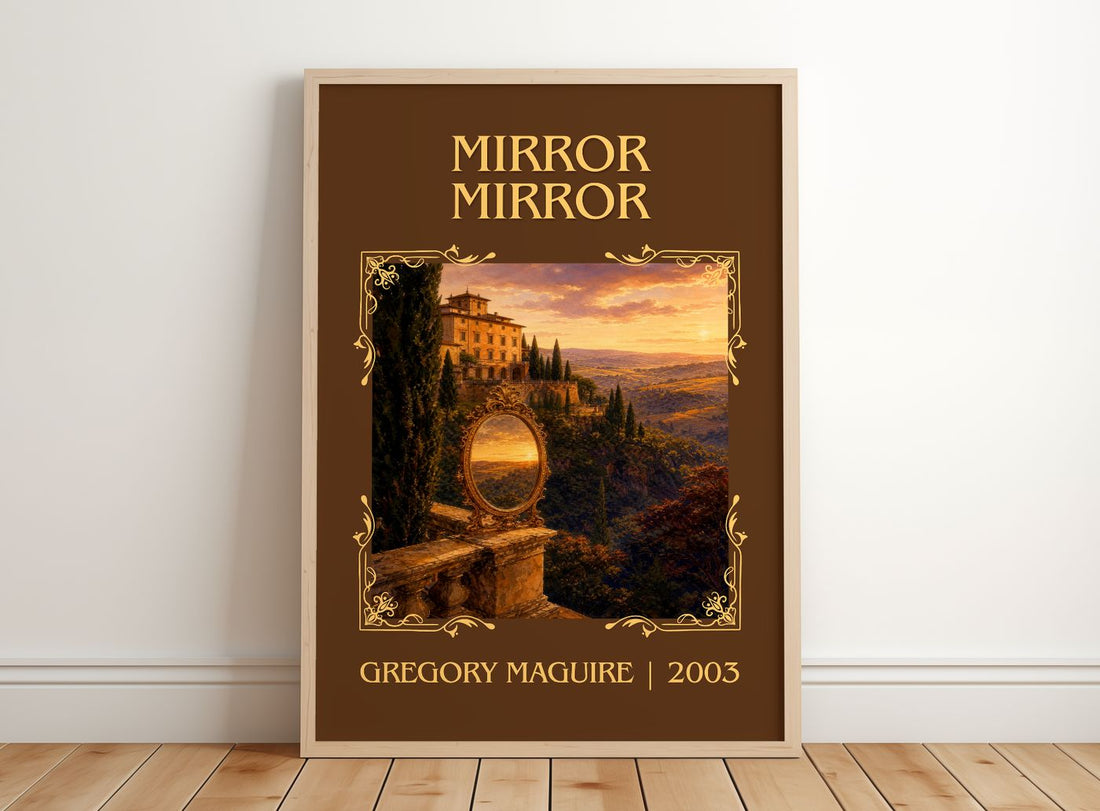 Mirror Mirror Classic Book Art Print by Gregory Maguire – framed print leaning on a wooden floor