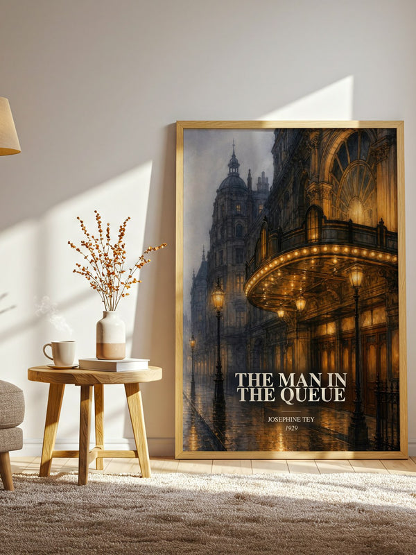 The Man In The Queue watercolour print in frame leaning in hallway – mystery wall art