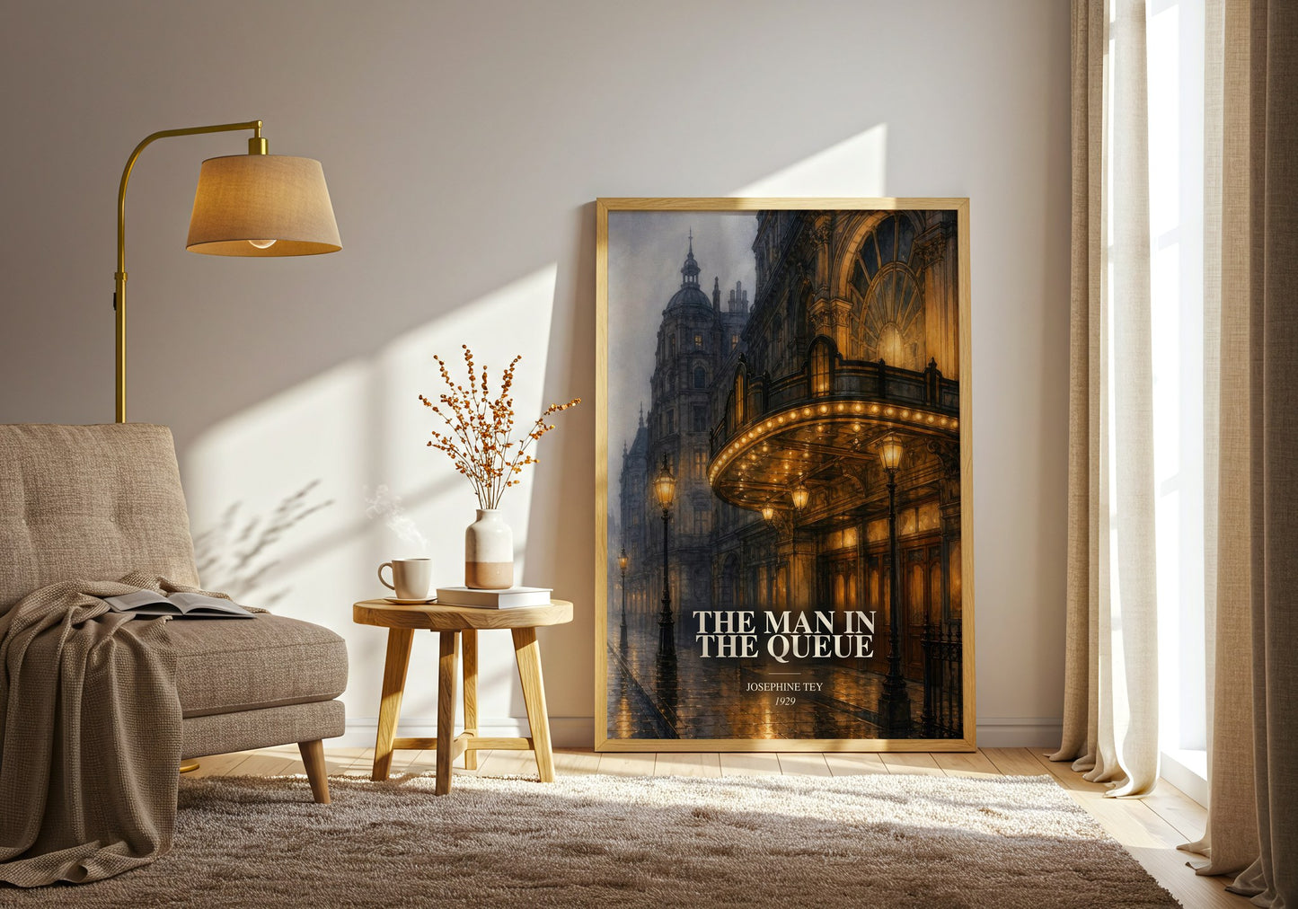 The Man In The Queue watercolour print in frame leaning in hallway – mystery wall art
