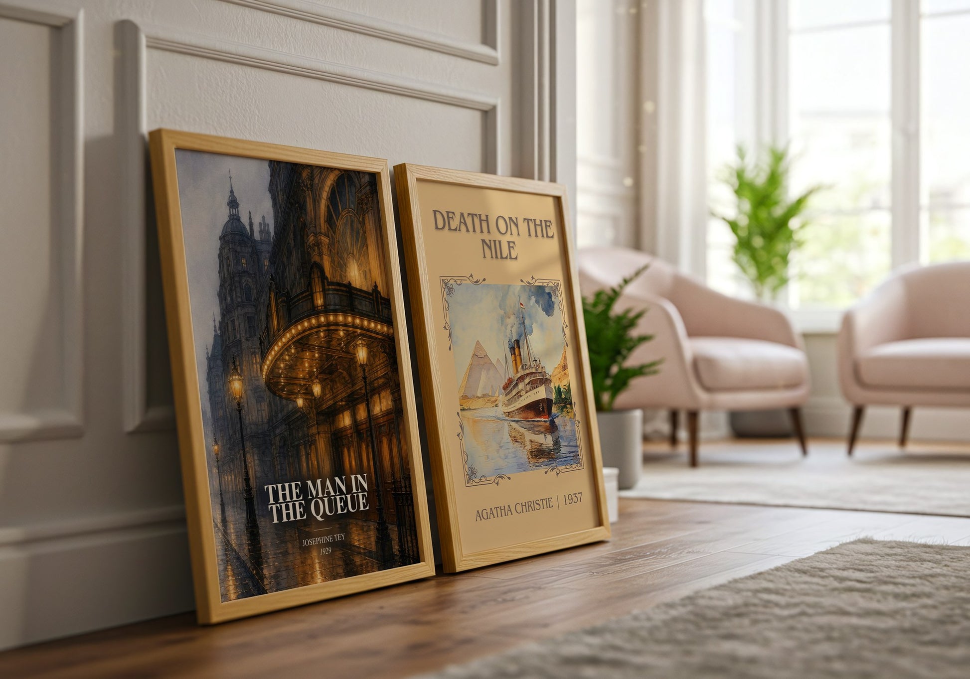 The Man In The Queue watercolour print framed by window – literary home decor