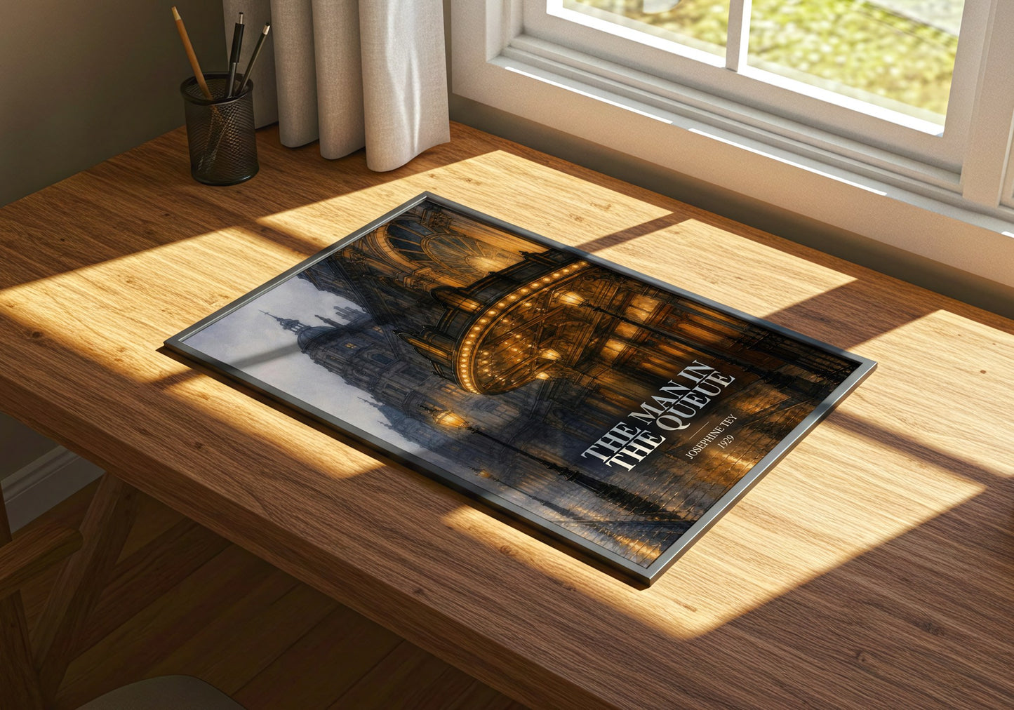 The Man In The Queue watercolour book poster framed on wall – mystery wall art
