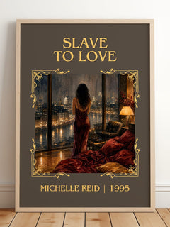 Slave to Love Classic Book Art Print by Michelle Reid – framed print leaning on a wooden floor