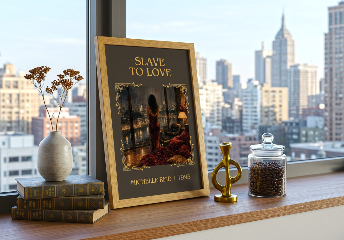 Slave to Love Classic Book Art Print by Michelle Reid – framed print on a city-view windowsill