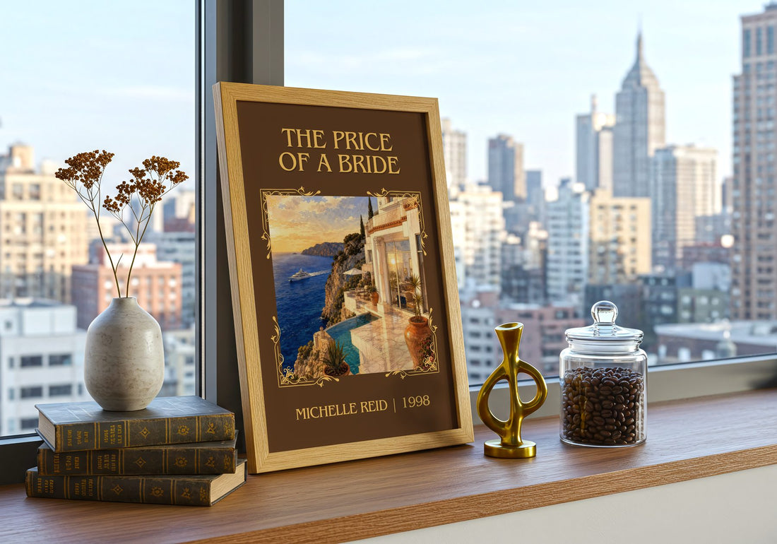 The Price of a Bride Classic Book Art Print by Michelle Reid – framed print on a city-view windowsill