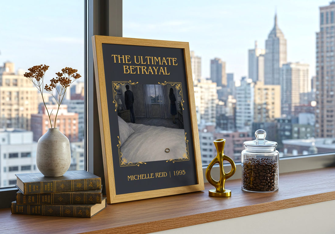 The Ultimate Betrayal Classic Book Art Print by Michelle Reid – framed print on a city-view windowsill