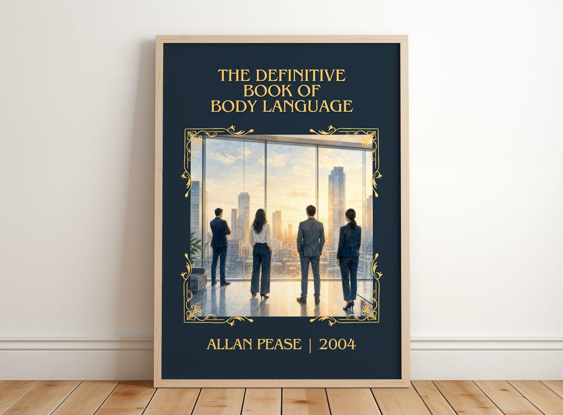 Definitive Book of Body Language Classic Book Art Print by Allan Pease – framed print leaning on a wooden floor
