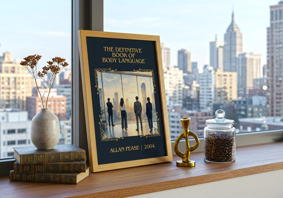 Definitive Book of Body Language Classic Book Art Print by Allan Pease – framed print on a city-view windowsill