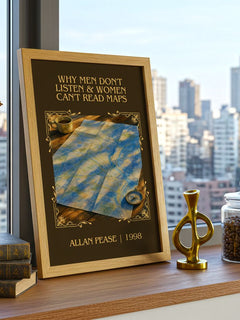 Why men don't listen & women can't read maps Classic Book Art Print by Allan Pease – framed print on a city-view windowsill