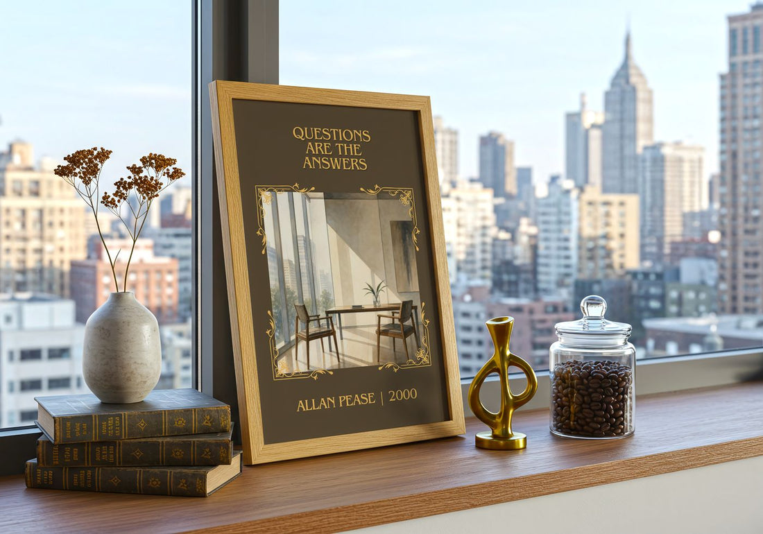 Questions Are the Answers Classic Book Art Print by Allan Pease – framed print on a city-view windowsill