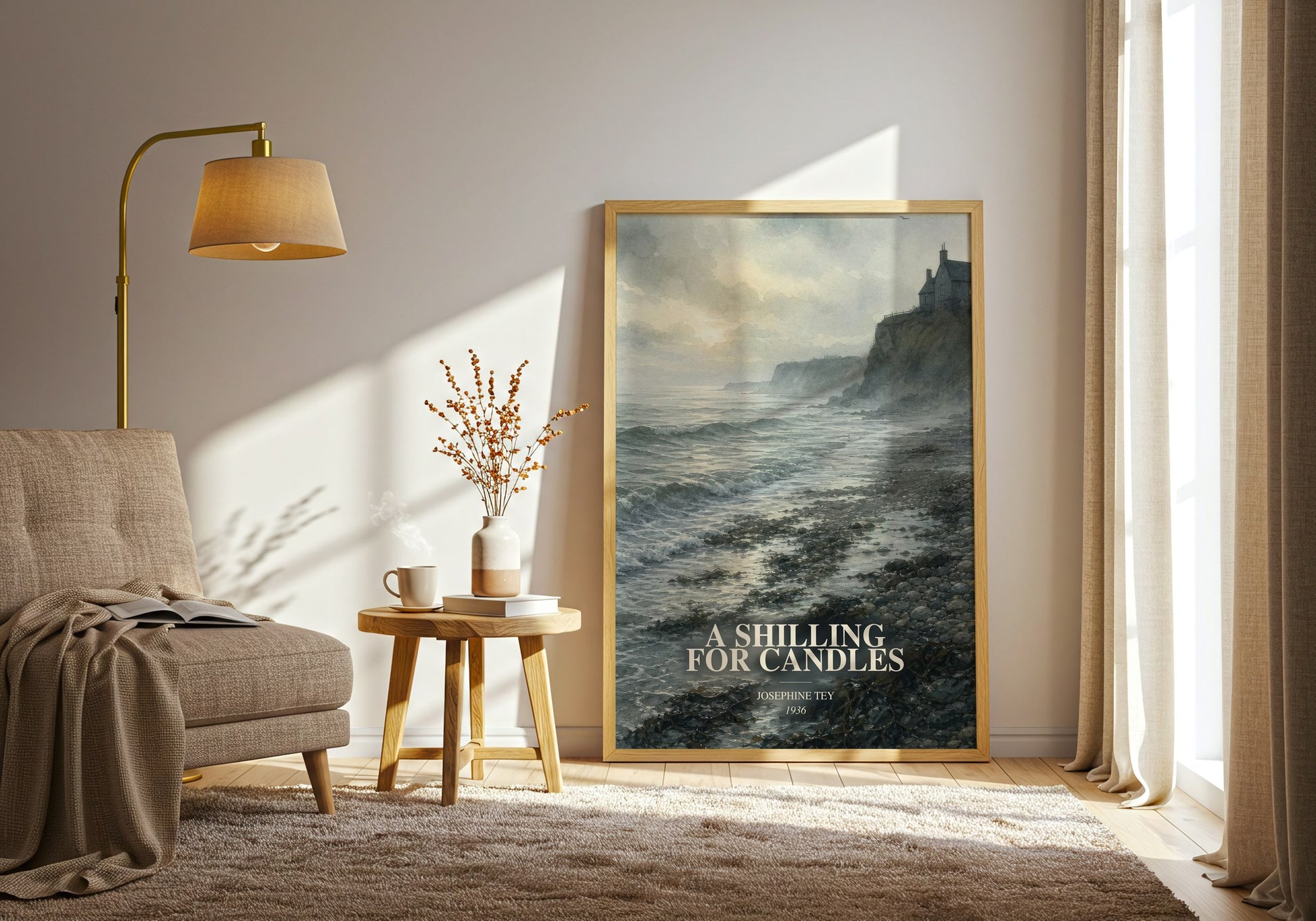 A Shilling For Candles watercolour print in frame leaning in hallway – mystery wall art