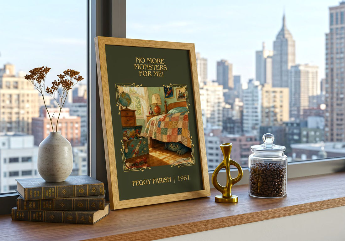 No More Monsters for Me! Classic Book Art Print by Peggy Parish – framed print on a city-view windowsill