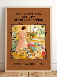 Amelia Bedelia and the Shower Surprise Classic Book Art Print by Peggy Parish – framed print leaning on a wooden floor