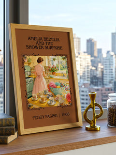 Amelia Bedelia and the Shower Surprise Classic Book Art Print by Peggy Parish – framed print on a city-view windowsill