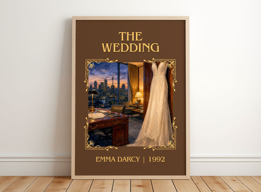 The Wedding Classic Book Art Print by Emma Darcy – framed print leaning on a wooden floor