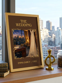 The Wedding Classic Book Art Print by Emma Darcy – framed print on a city-view windowsill