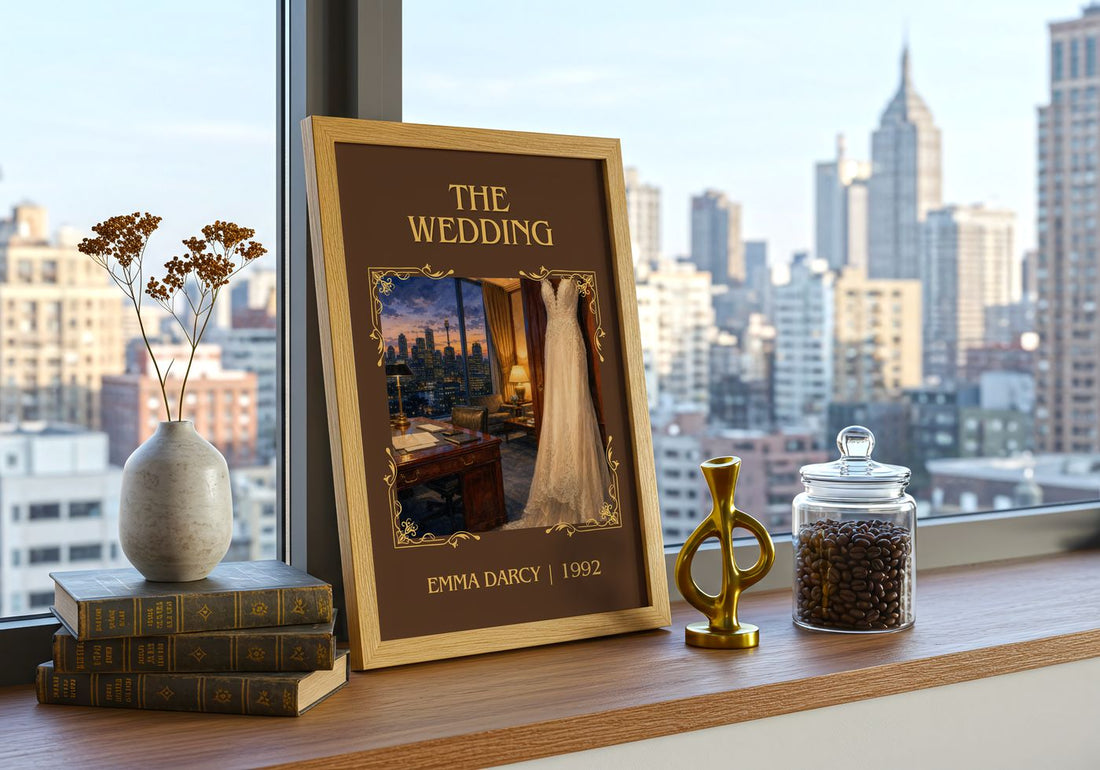 The Wedding Classic Book Art Print by Emma Darcy – framed print on a city-view windowsill