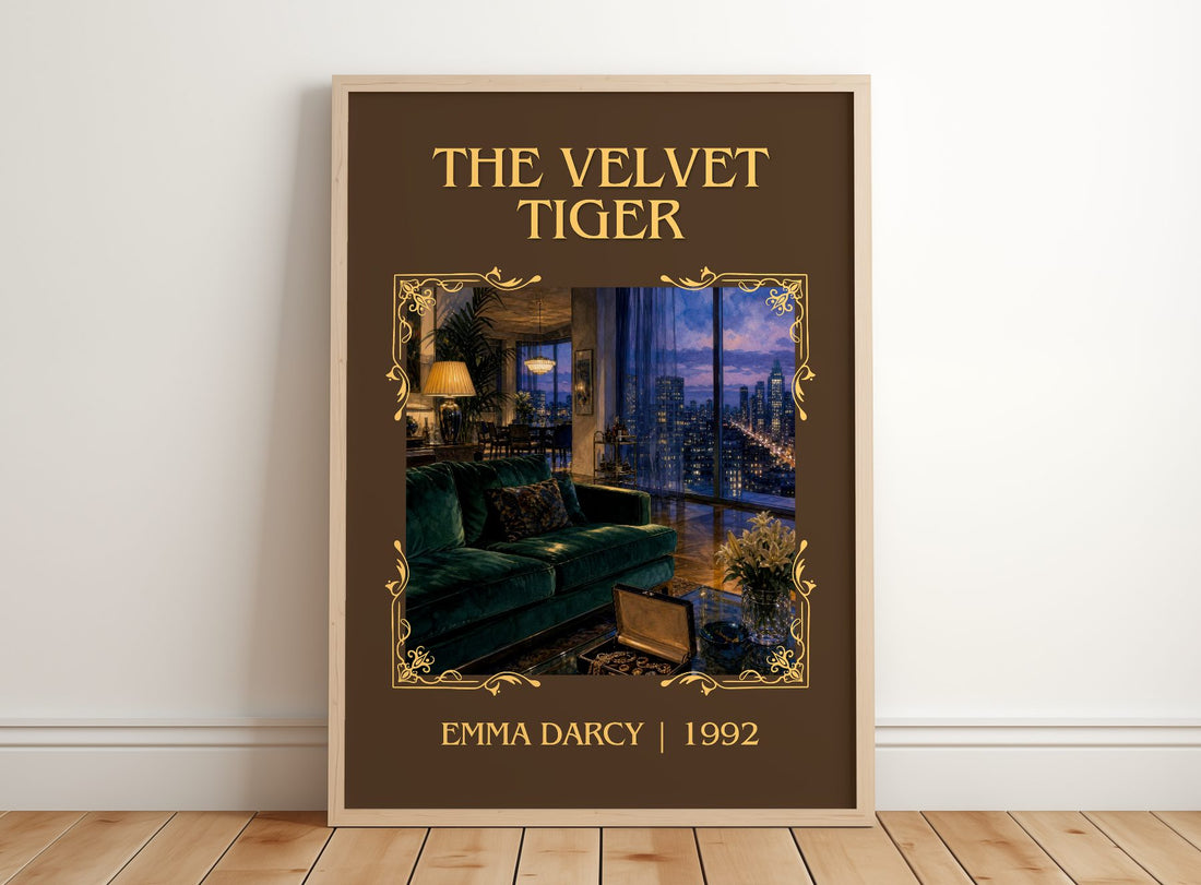The Velvet Tiger Classic Book Art Print by Emma Darcy – framed print leaning on a wooden floor