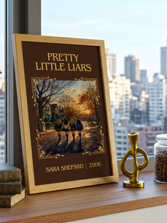 Pretty Little Liars Classic Book Art Print by Sara Shepard – framed print on a city-view windowsill
