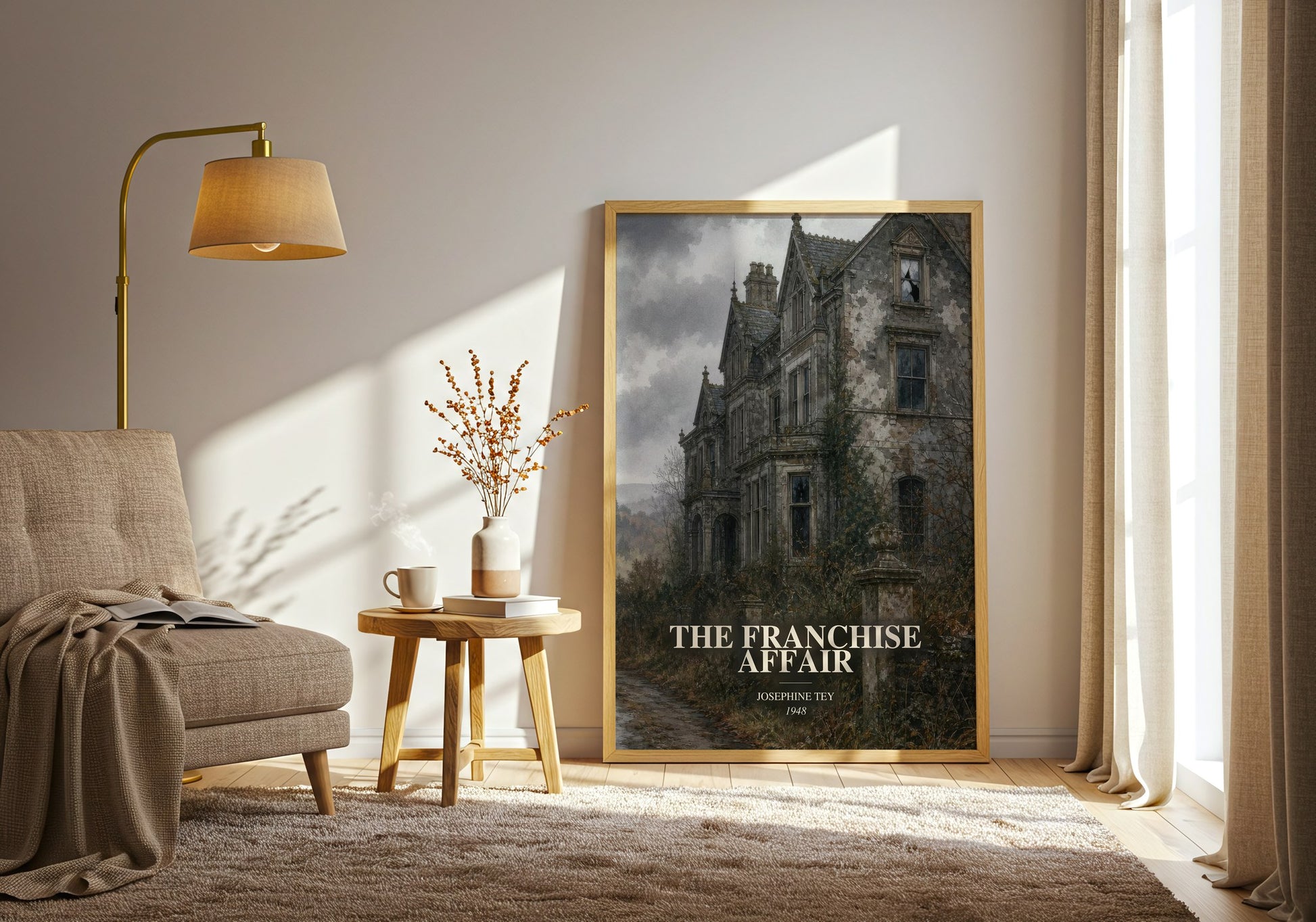 The Franchise Affair watercolour print in frame leaning in hallway – mystery wall art
