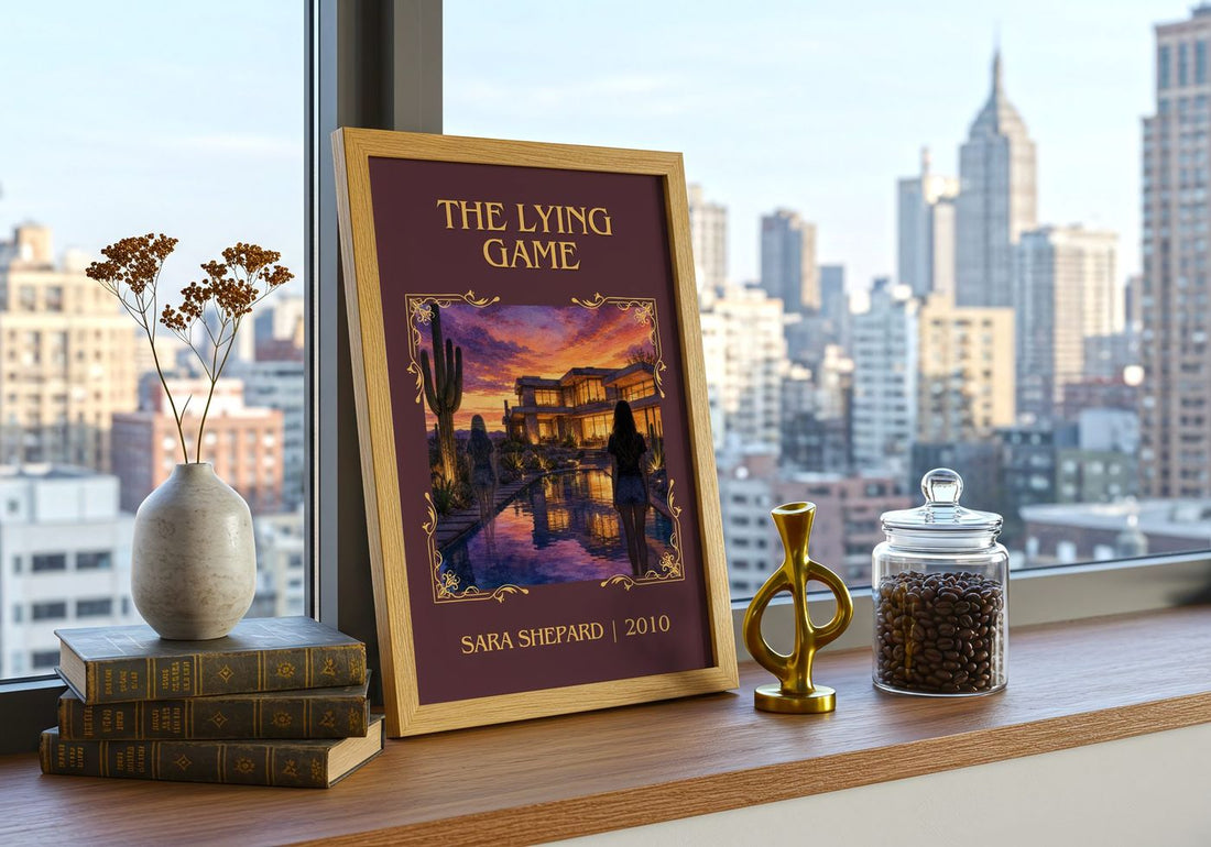 The Lying Game Classic Book Art Print by Sara Shepard – framed print on a city-view windowsill