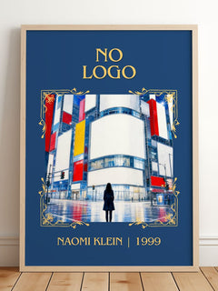 No Logo Classic Book Art Print by Naomi Klein – framed print leaning on a wooden floor
