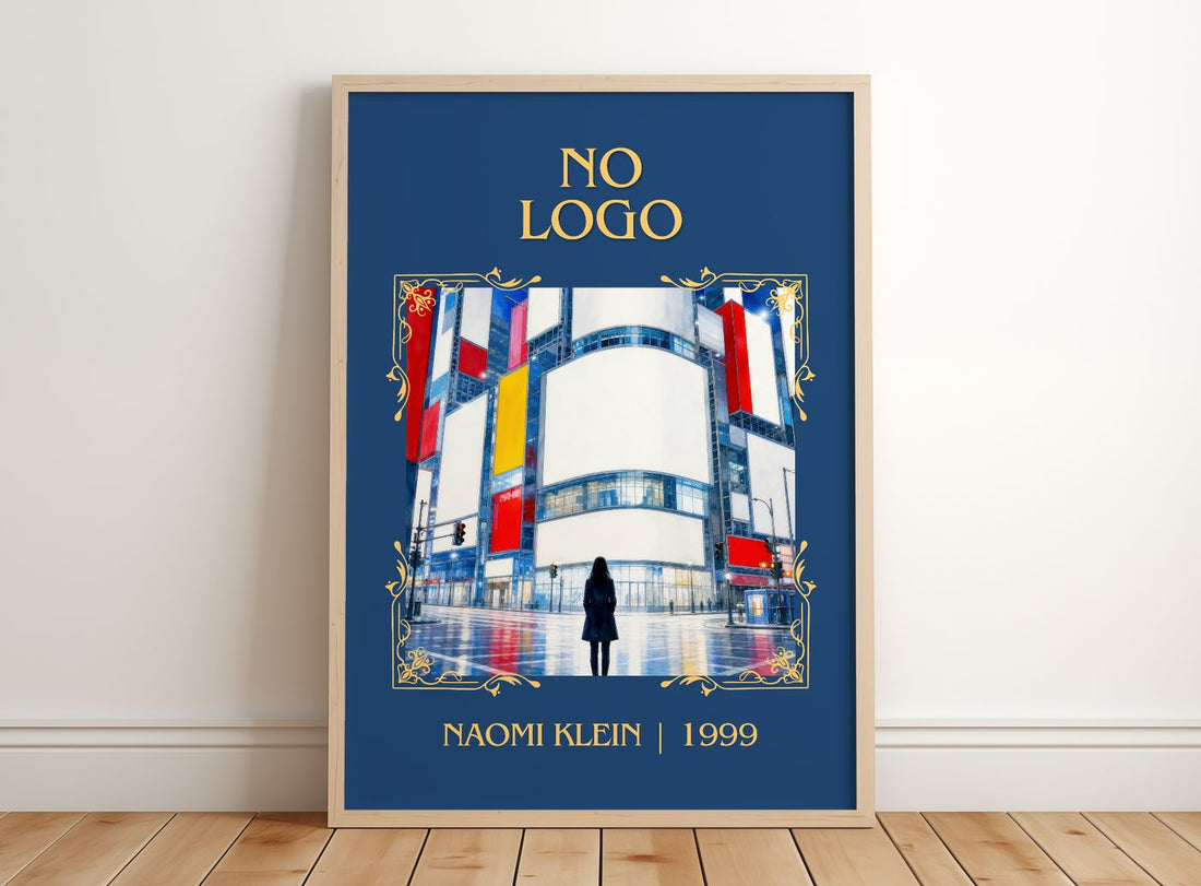No Logo Classic Book Art Print by Naomi Klein – framed print leaning on a wooden floor