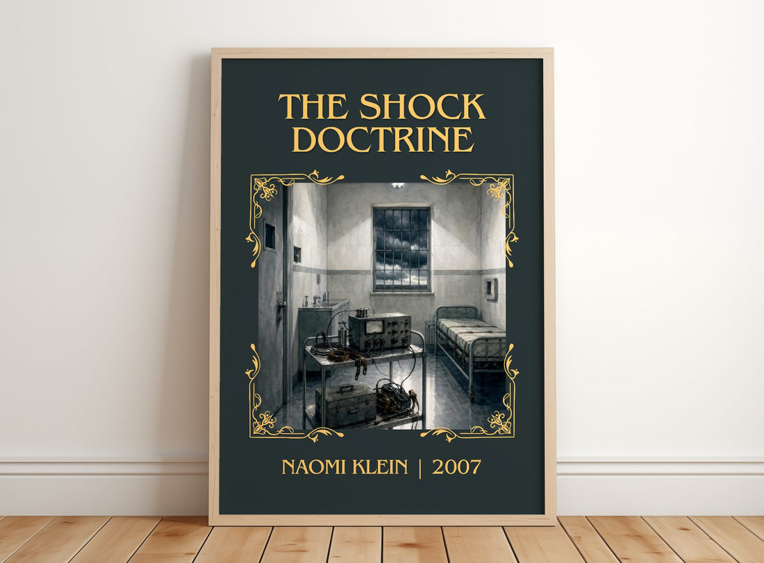 The Shock Doctrine Classic Book Art Print by Naomi Klein – framed print leaning on a wooden floor