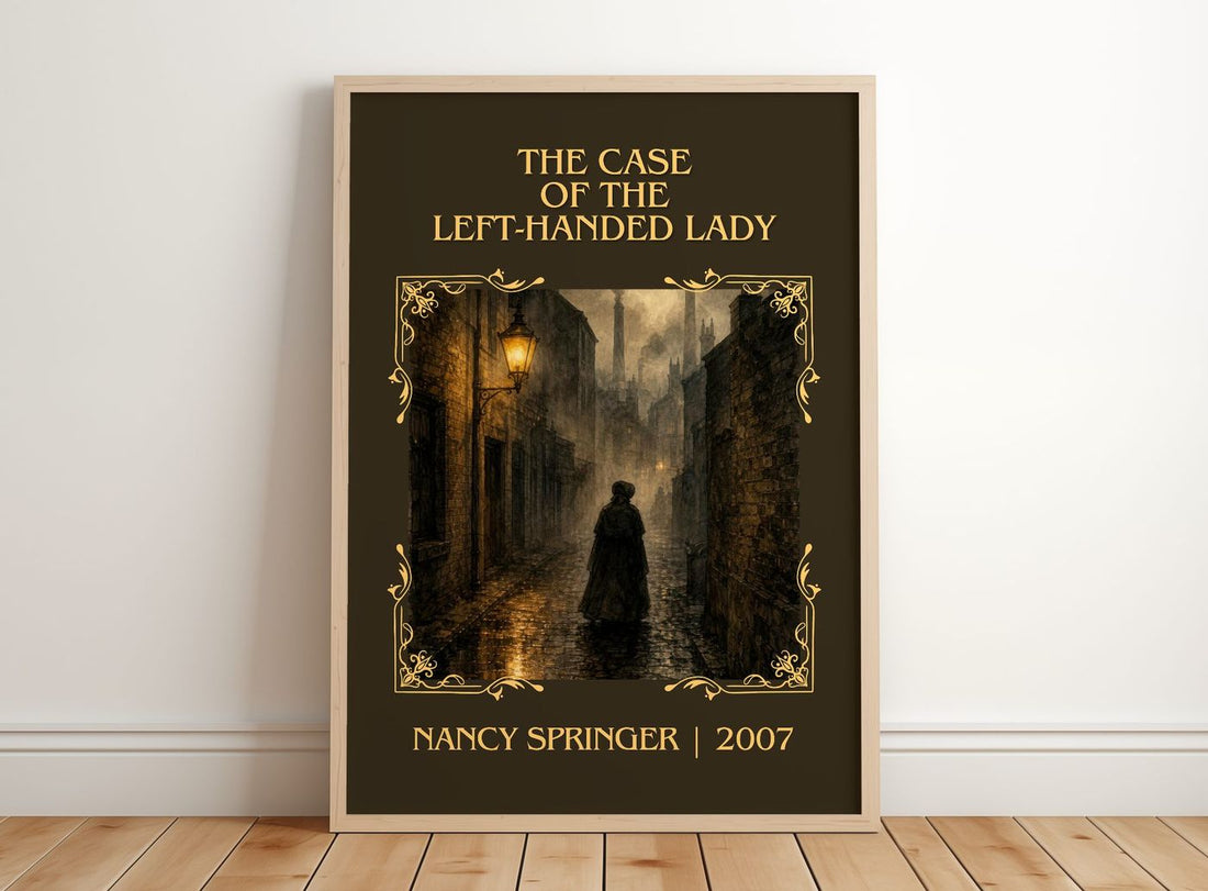 Case of the Left-Handed Lady Classic Book Art Print by Nancy Springer – framed print leaning on a wooden floor