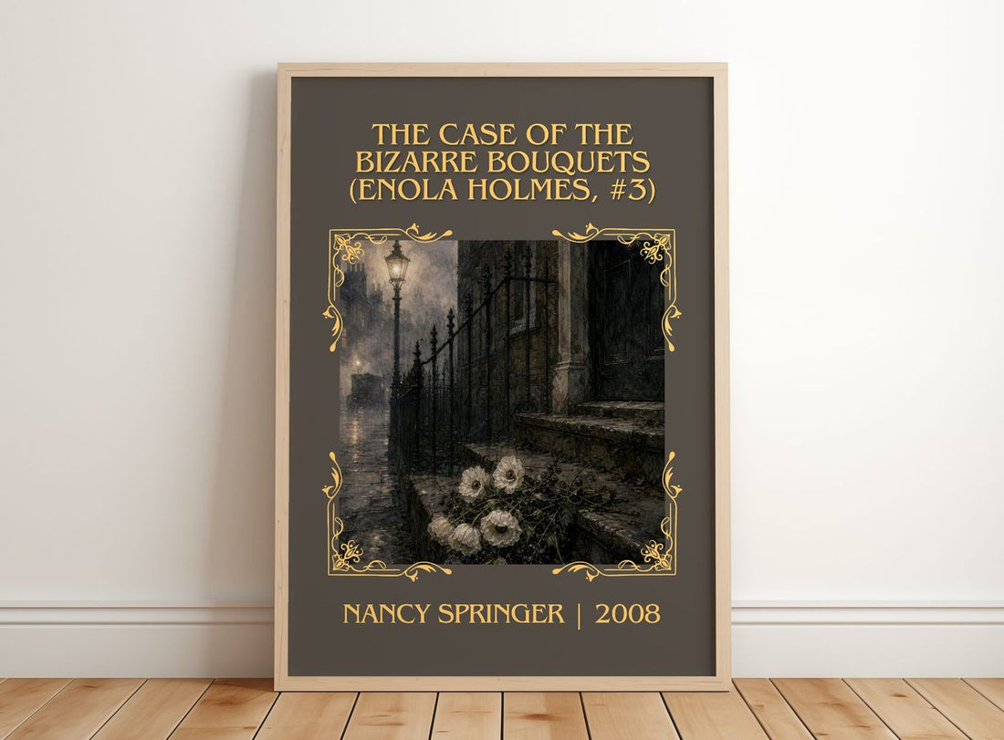 The Case of the Bizarre Bouquets (Enola Holmes, #3) Classic Book Art Print by Nancy Springer – framed print leaning on a wooden floor