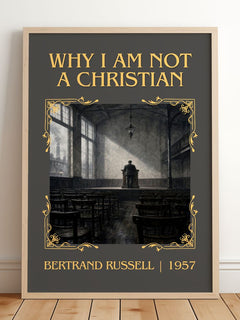 Why I am not a Christian Classic Book Art Print by Bertrand Russell – framed print leaning on a wooden floor