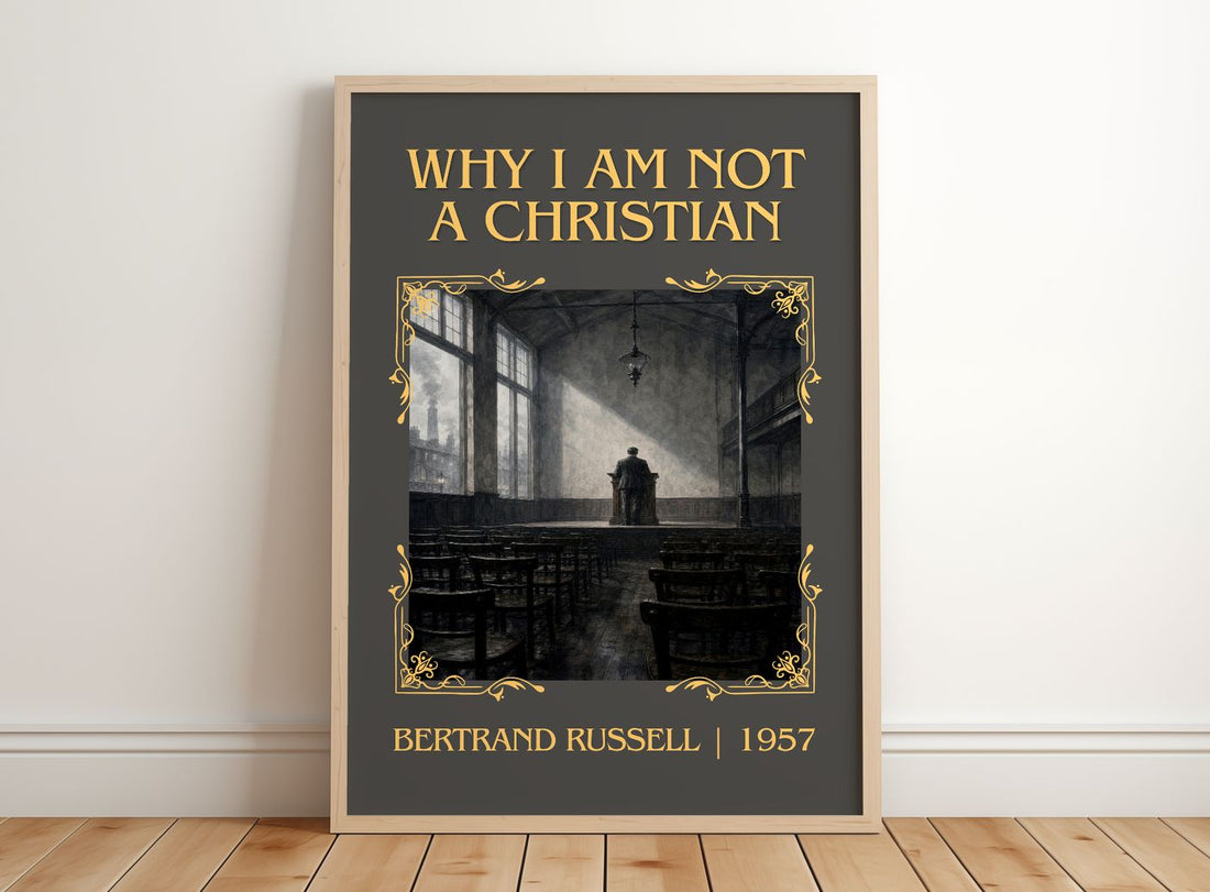 Why I am not a Christian Classic Book Art Print by Bertrand Russell – framed print leaning on a wooden floor