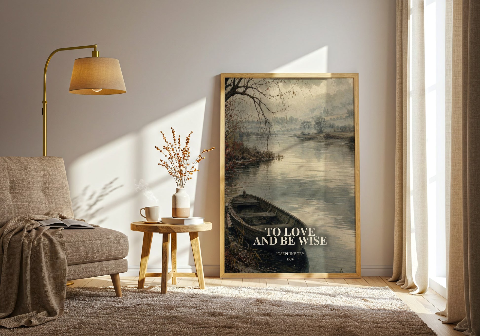 To Love And Be Wise watercolour print in frame leaning in hallway – mystery wall art