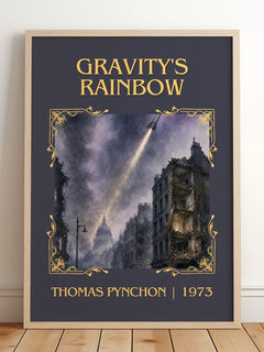 Gravity's Rainbow Classic Book Art Print by Thomas Pynchon – framed print leaning on a wooden floor