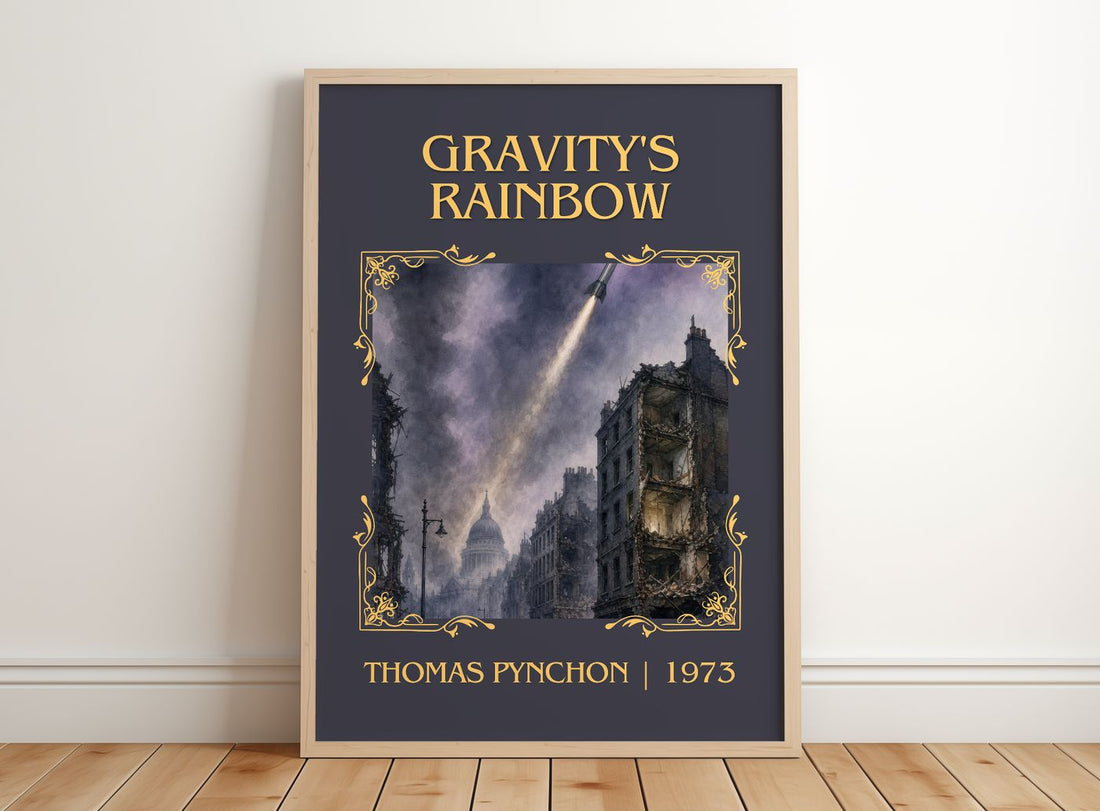Gravity's Rainbow Classic Book Art Print by Thomas Pynchon – framed print leaning on a wooden floor