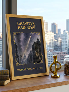 Gravity's Rainbow Classic Book Art Print by Thomas Pynchon – framed print on a city-view windowsill