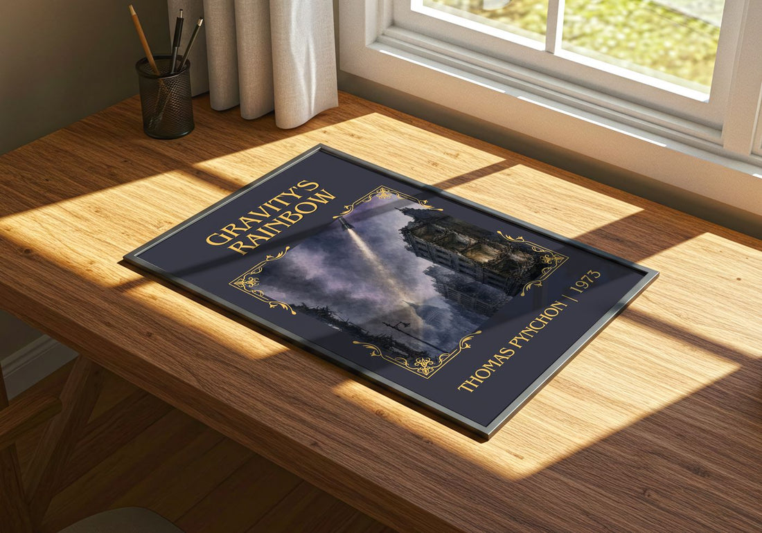 Gravity's Rainbow Classic Book Art Print by Thomas Pynchon – print on a sunlit desk