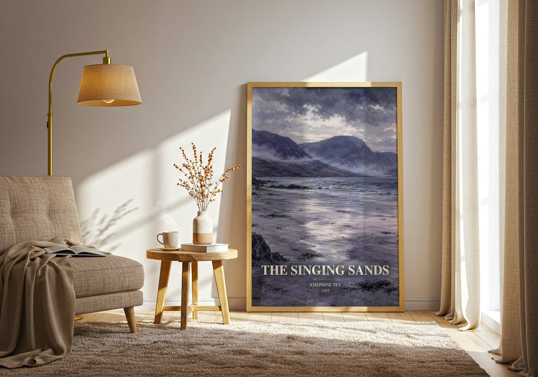 The Singing Sands watercolour print in frame leaning in hallway – mystery wall art (mockup)