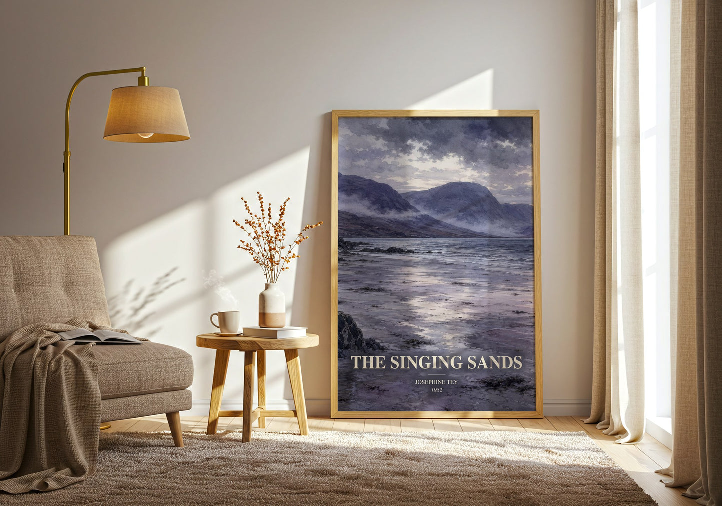The Singing Sands watercolour print in frame leaning in hallway – mystery wall art