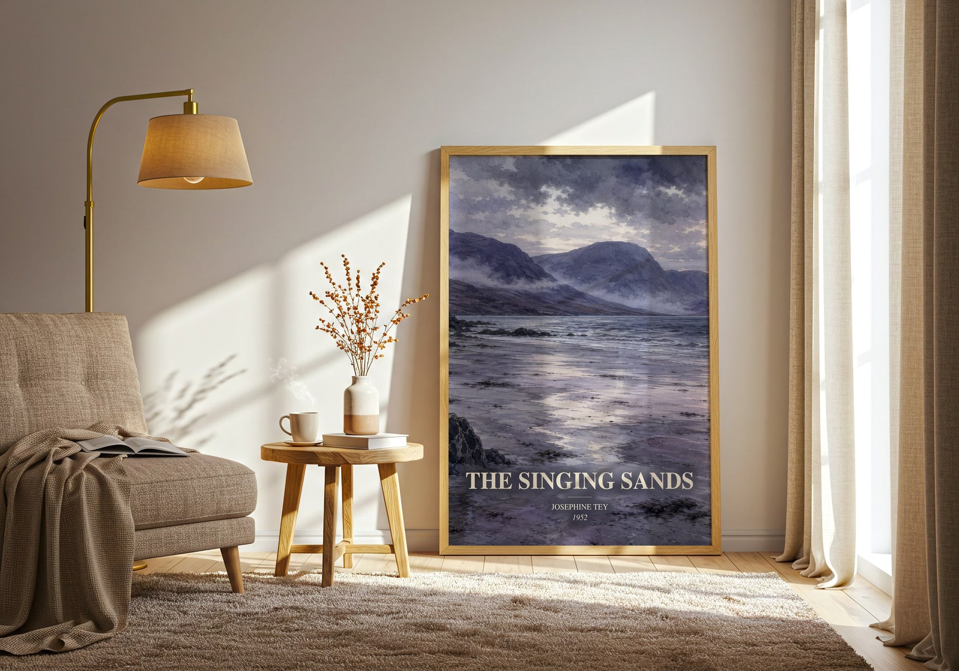 The Singing Sands watercolour print in frame leaning in hallway – mystery wall art