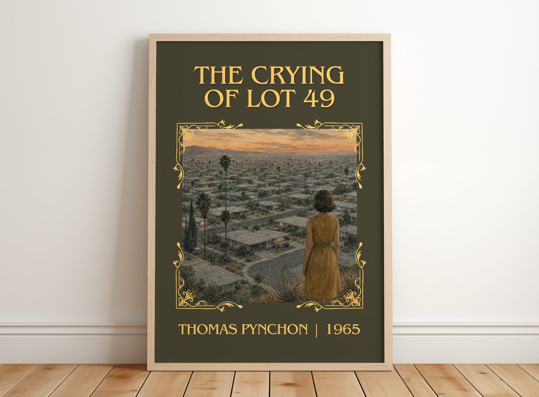 The Crying of Lot 49 Classic Book Art Print by Thomas Pynchon – framed print leaning on a wooden floor